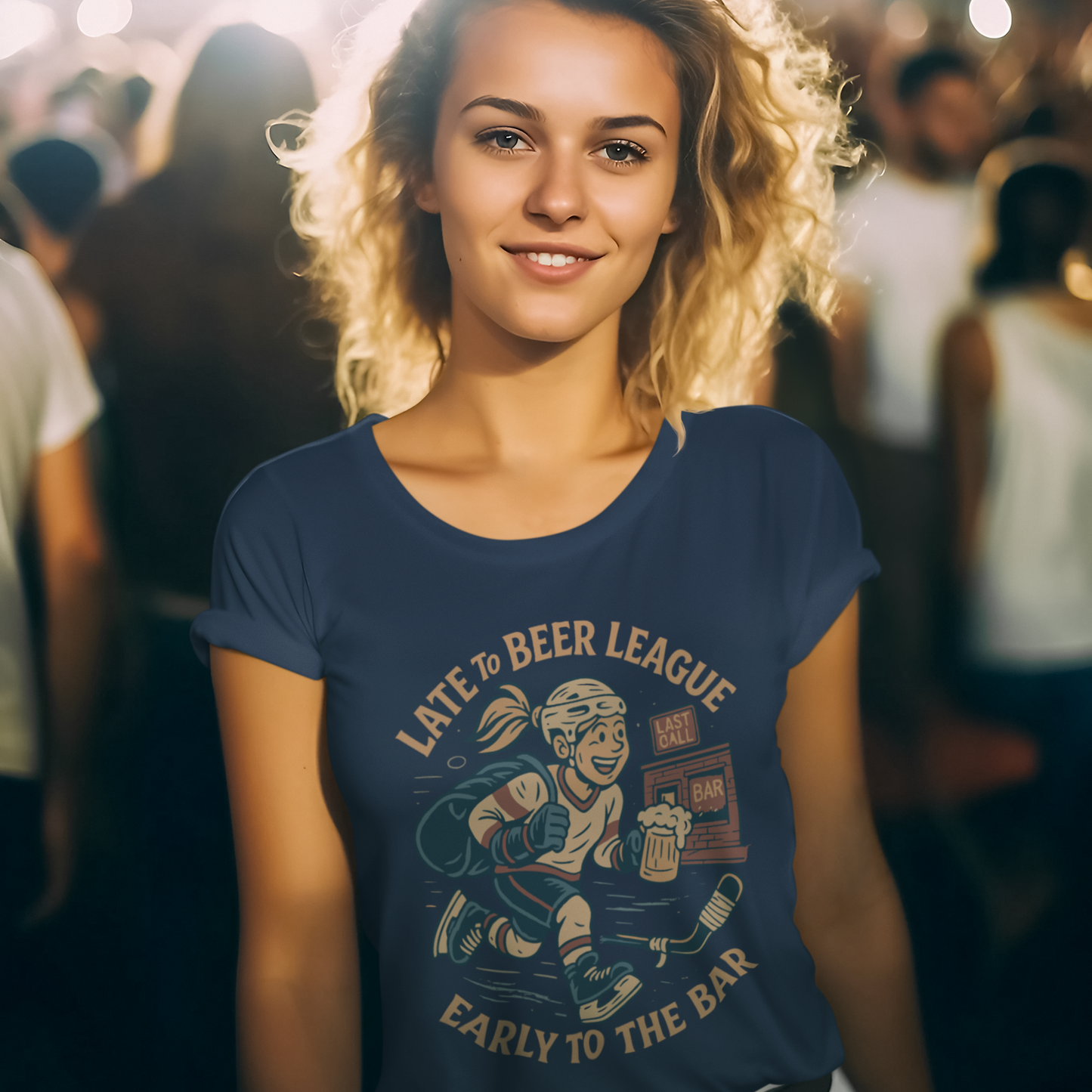 A woman wearing a Navy t-shirt with a hockey logo, "Late to beer league, Early to the bar"