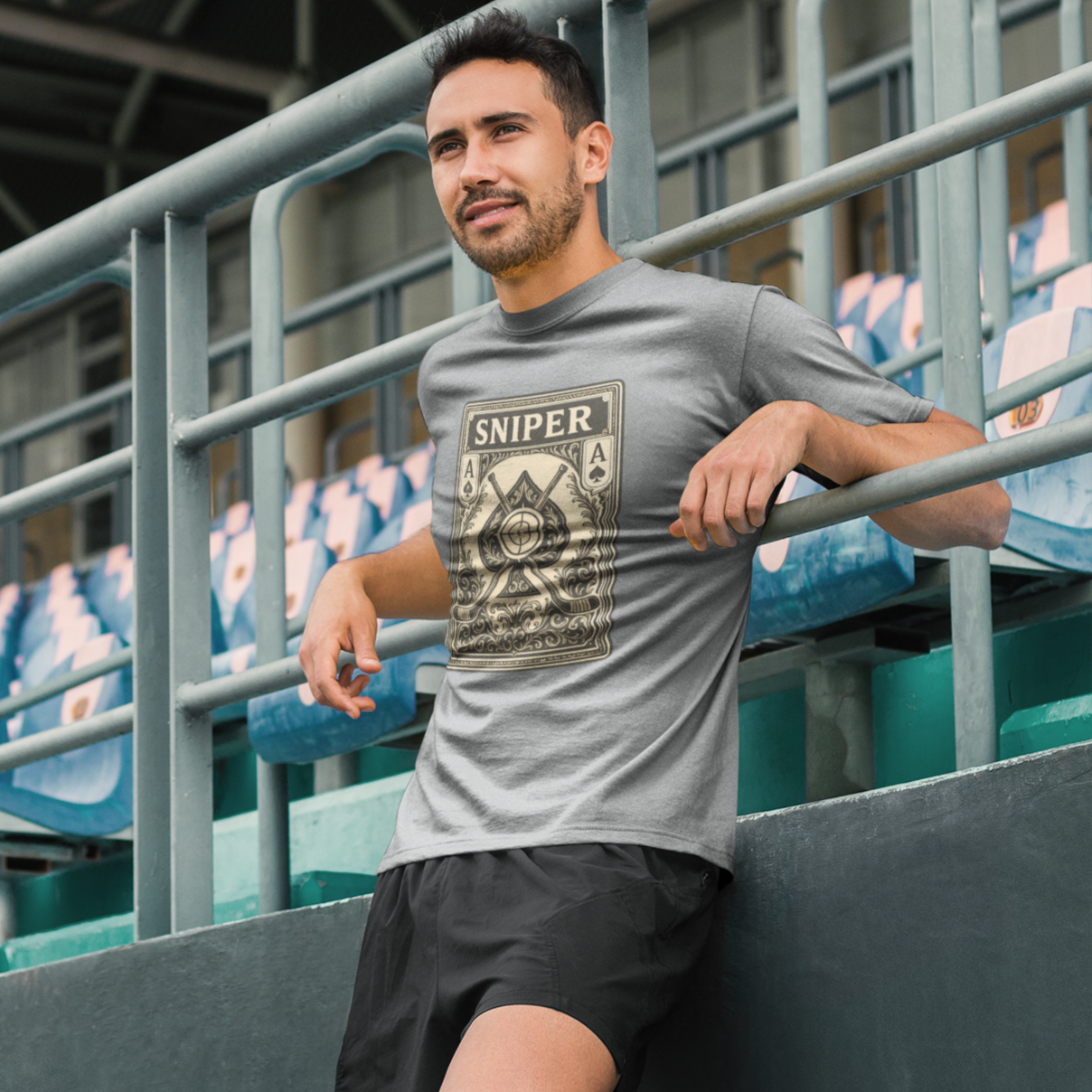 Man wearing the the Sniper T-shirt featuring the Ace of Spades classic look logo