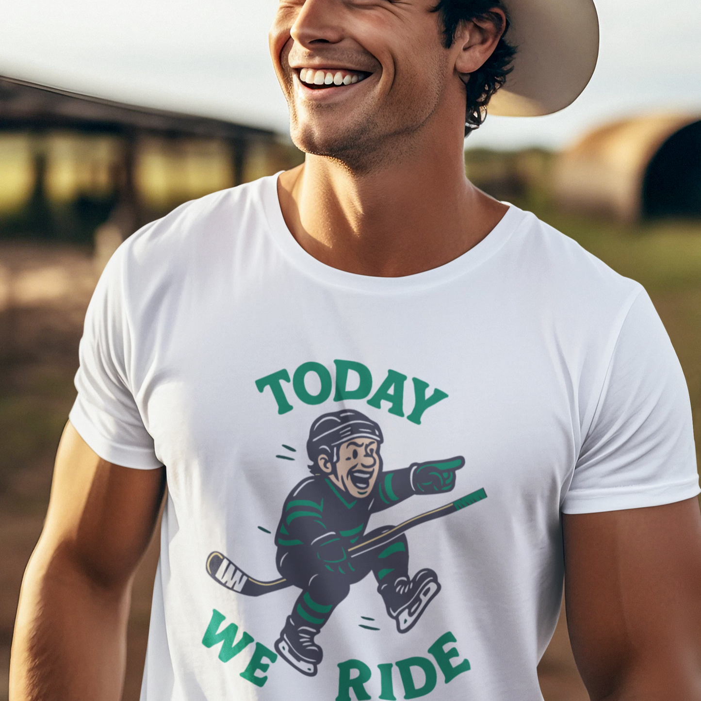 A cowboy wearing a shirt entitled, "Today we ride" with a logo of a hockey celly, "Today We Ride"