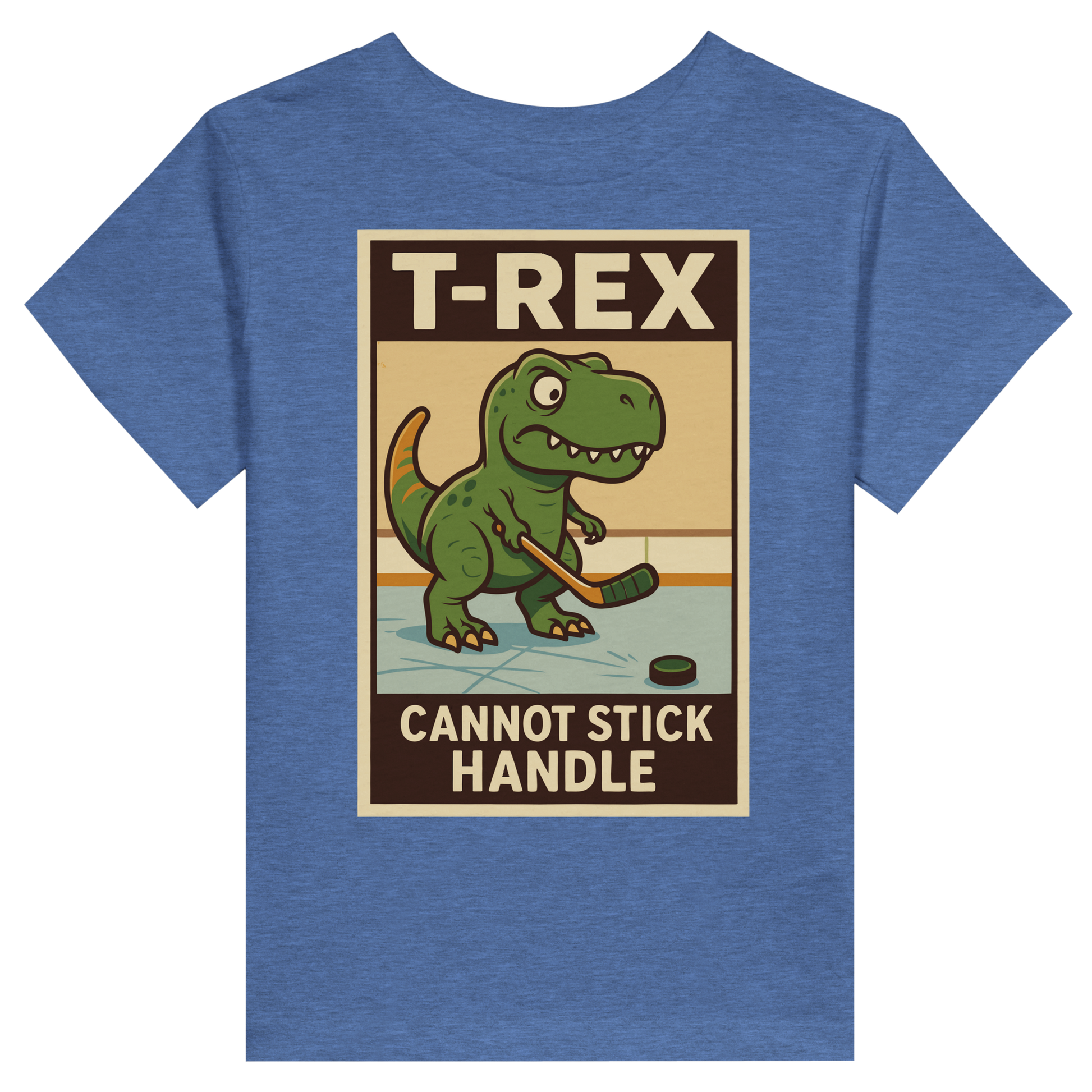 T-Rex's arms are too short for him to play hockey, which is why he's grumpy