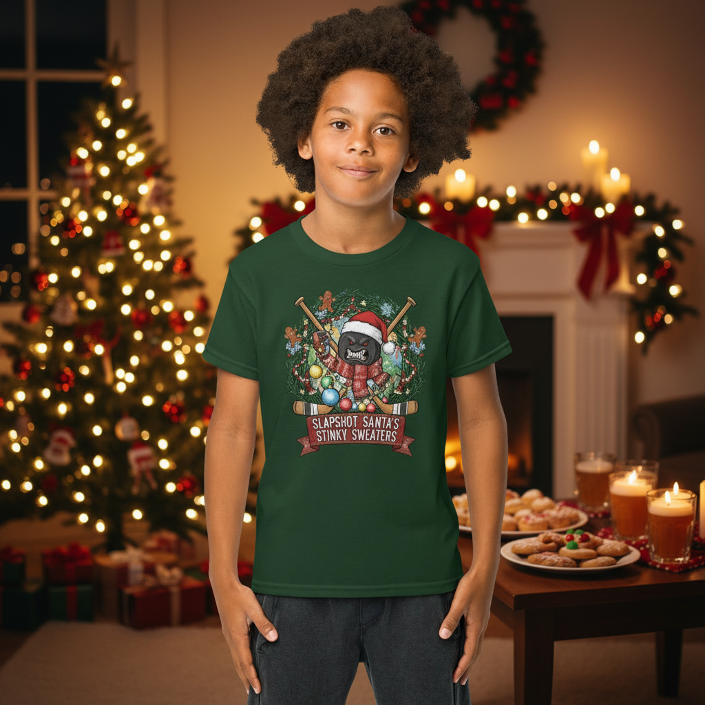 A kid at a Christmas party wearing the green Slapshot Santa's Stinky Sweaters shirt. He's so cool