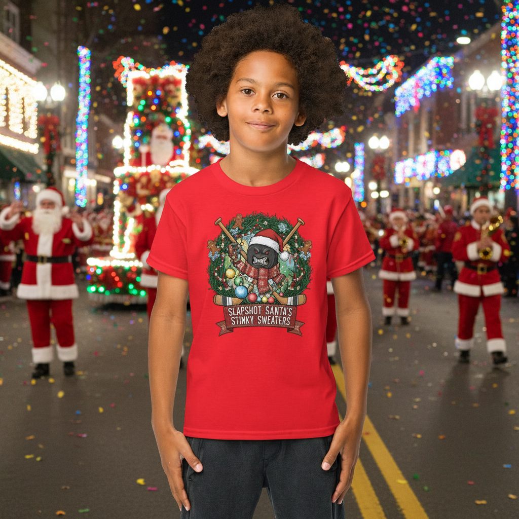 Slapshot Santa's Stinky Sweaters, holiday T, red shirt with angry puck and Christmas  decorations. Hey Kid! There's a parade chasing you!