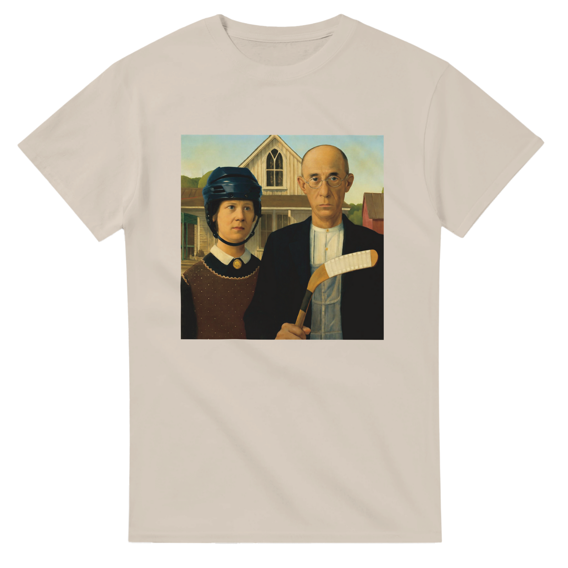 T-shirt with a graphic of two people in front of a farmhouse, inspired by the famous painting.
