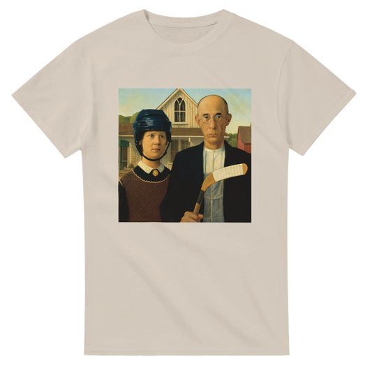 T-shirt with a graphic of two people in front of a farmhouse, inspired by the famous painting.