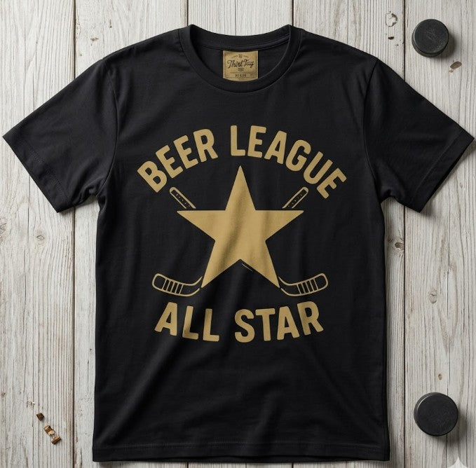 Black t-shirt with 'Beer League All Star' design on a wooden surface 