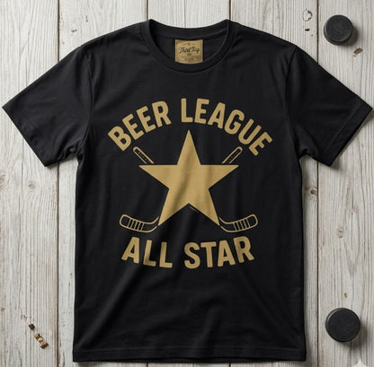 Black t-shirt with 'Beer League All Star' design on a wooden surface 