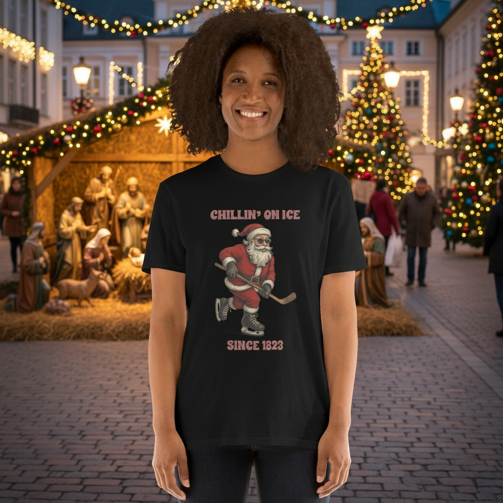 Woman in a heavy cotton, black shirt with Chillin' on Ice