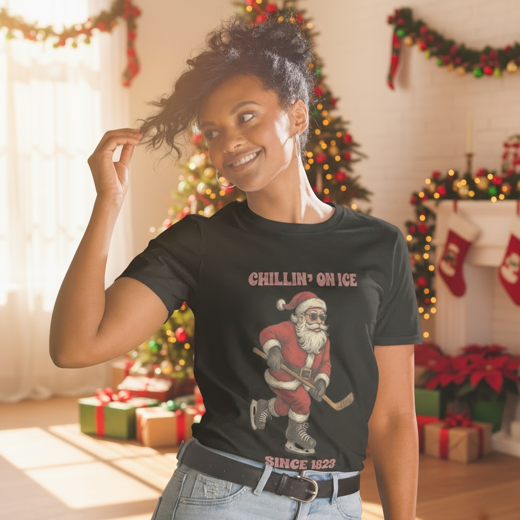 A woman wearing Chillin' on Ice Since 1823 shirt with Santa Claus skating with his red cap, black gloves and a pair of vintage ice skates