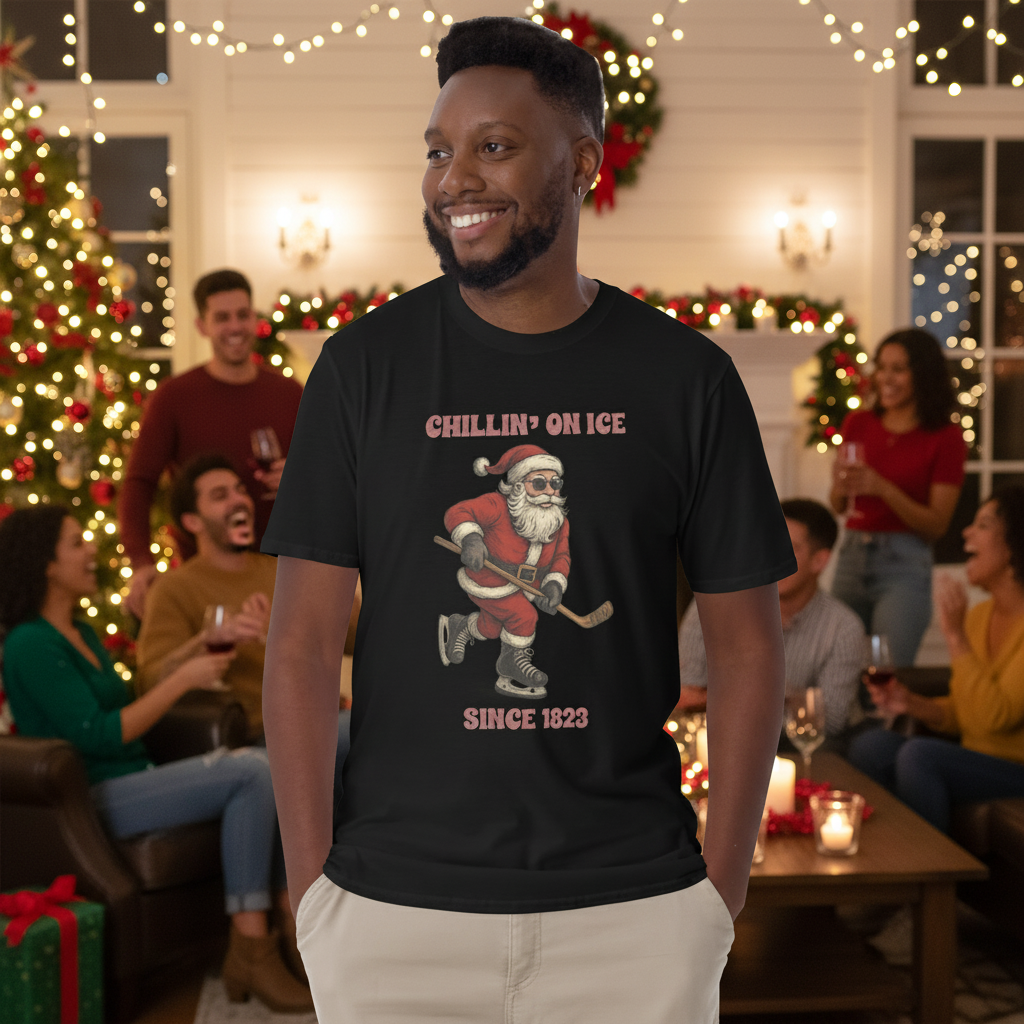 Santa skating on this rugged, black t-shirt He's still rocking the wooden stick and scoring goals, because Santa, of course, a goal scorer!