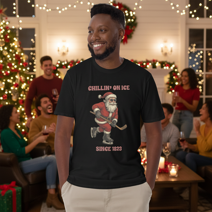 Santa skating on this rugged, black t-shirt He's still rocking the wooden stick and scoring goals, because Santa, of course, a goal scorer!