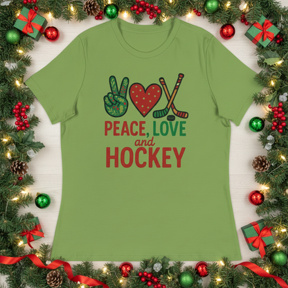 Women's Peace Love and Hockey shirt with Peace sign, Heart and Hockey Sticks in Leaf Green