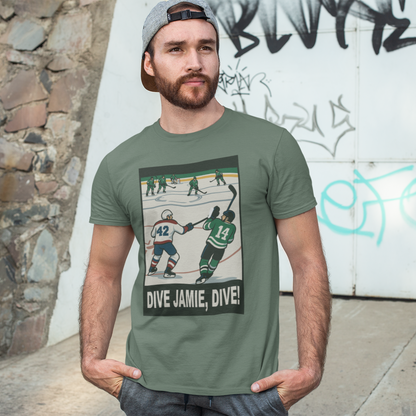 A man wearing the Dive Jamie, Dive! shirt in green