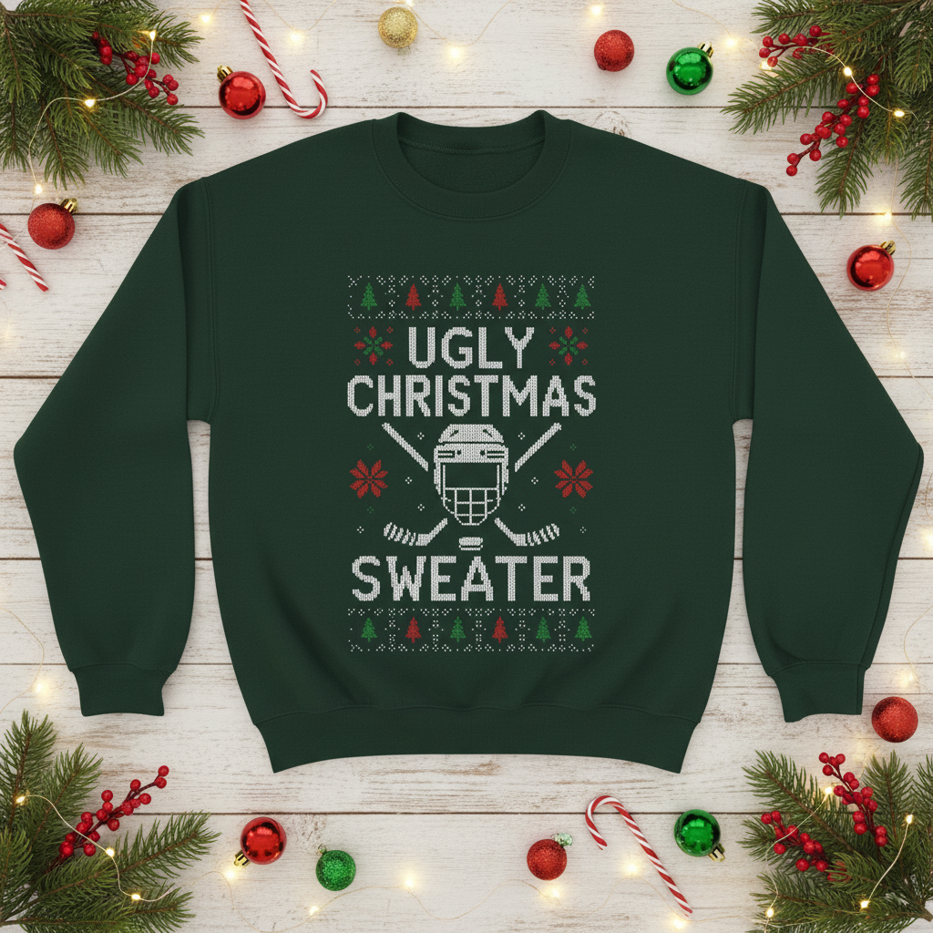 Be the smash hit of the Ugly Sweater Contest with this awesome-green, hockey-themed, sweatshirt