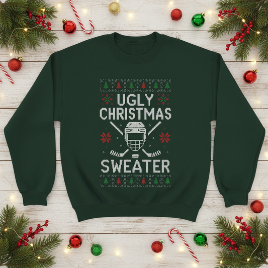 Be the smash hit of the Ugly Sweater Contest with this awesome-green, hockey-themed, sweatshirt