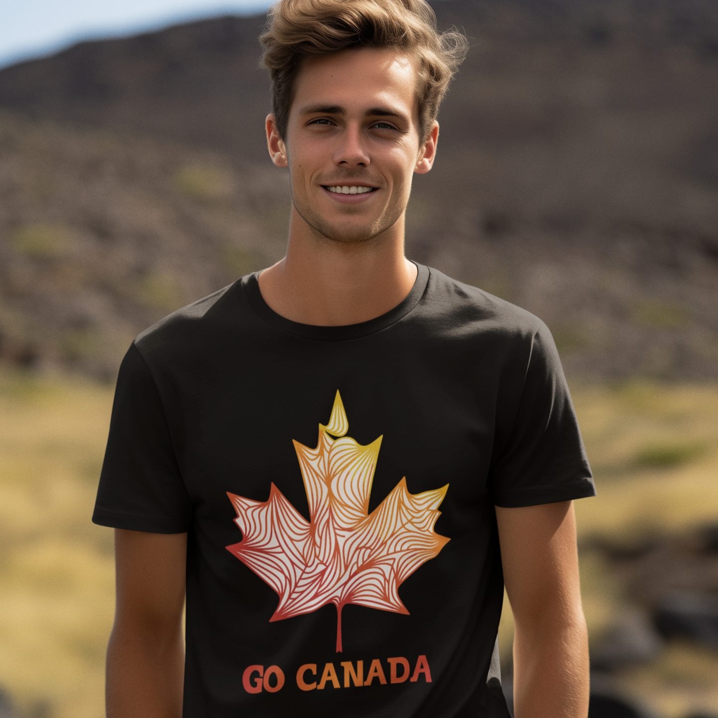 Man wearing a black t-shirt with a maple leaf design and 'GO CANADA' text, standing outdoors.