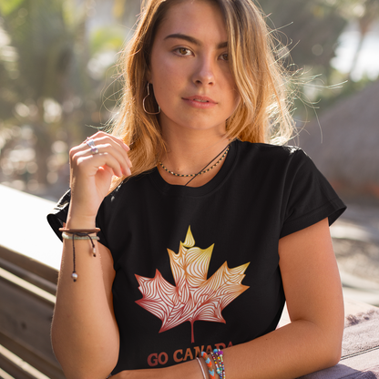A woman wearing a black t-shirt with a unique maple leaf design and the text, "Go Canada"