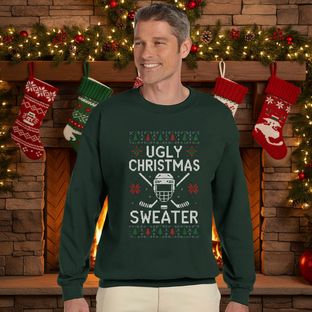 A man wearing an ugly Christmas sweater in front of a cozy fireplace adorned with ornaments, stockings and Christmas lights