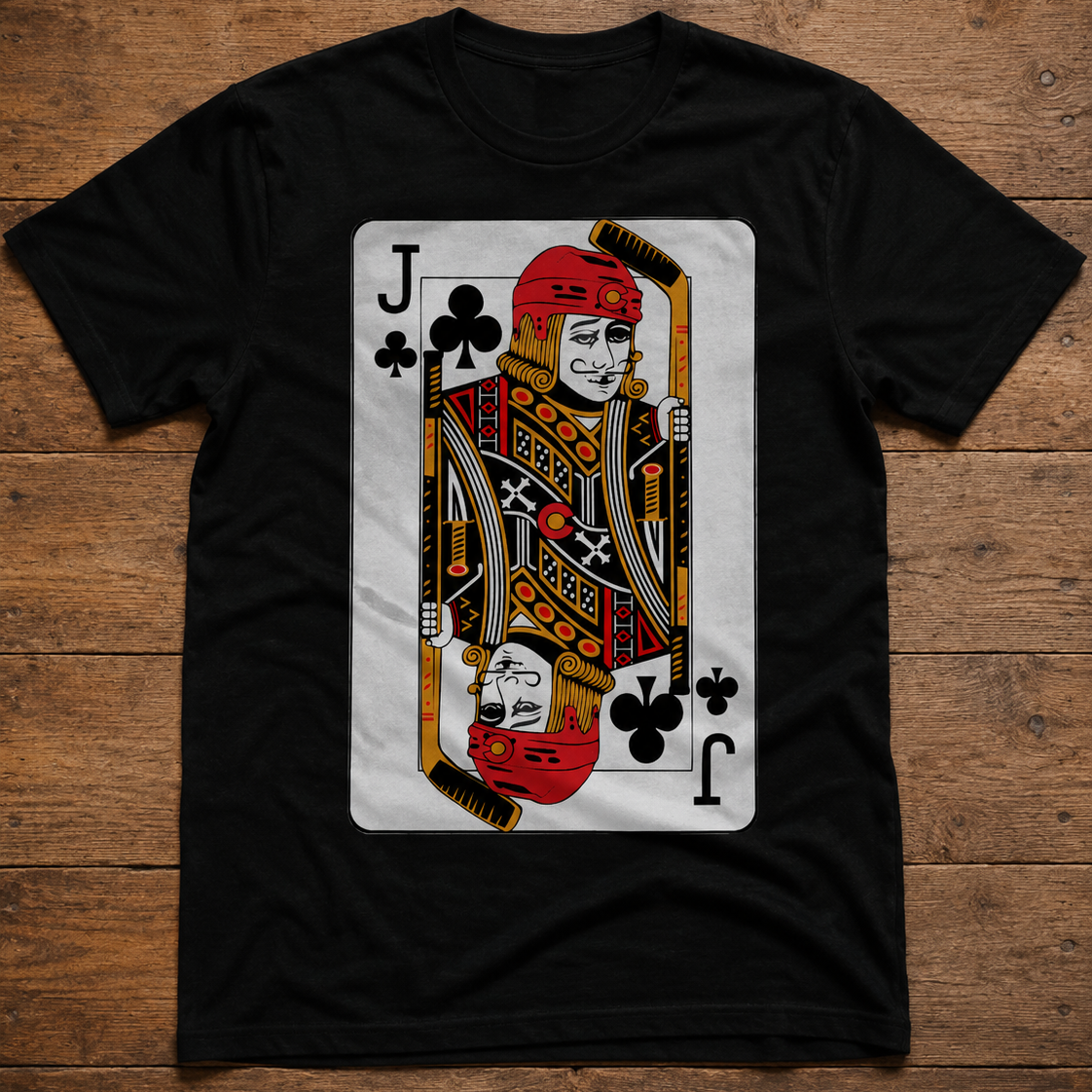Playing card logo on a hockey t-shirt featuring a jack of clubs holding hockey sticks and weaing a red helmet on black shirt