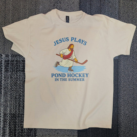 Jesus Plays Pond Hockey Tan T-Shirt – Humorous Summer Design