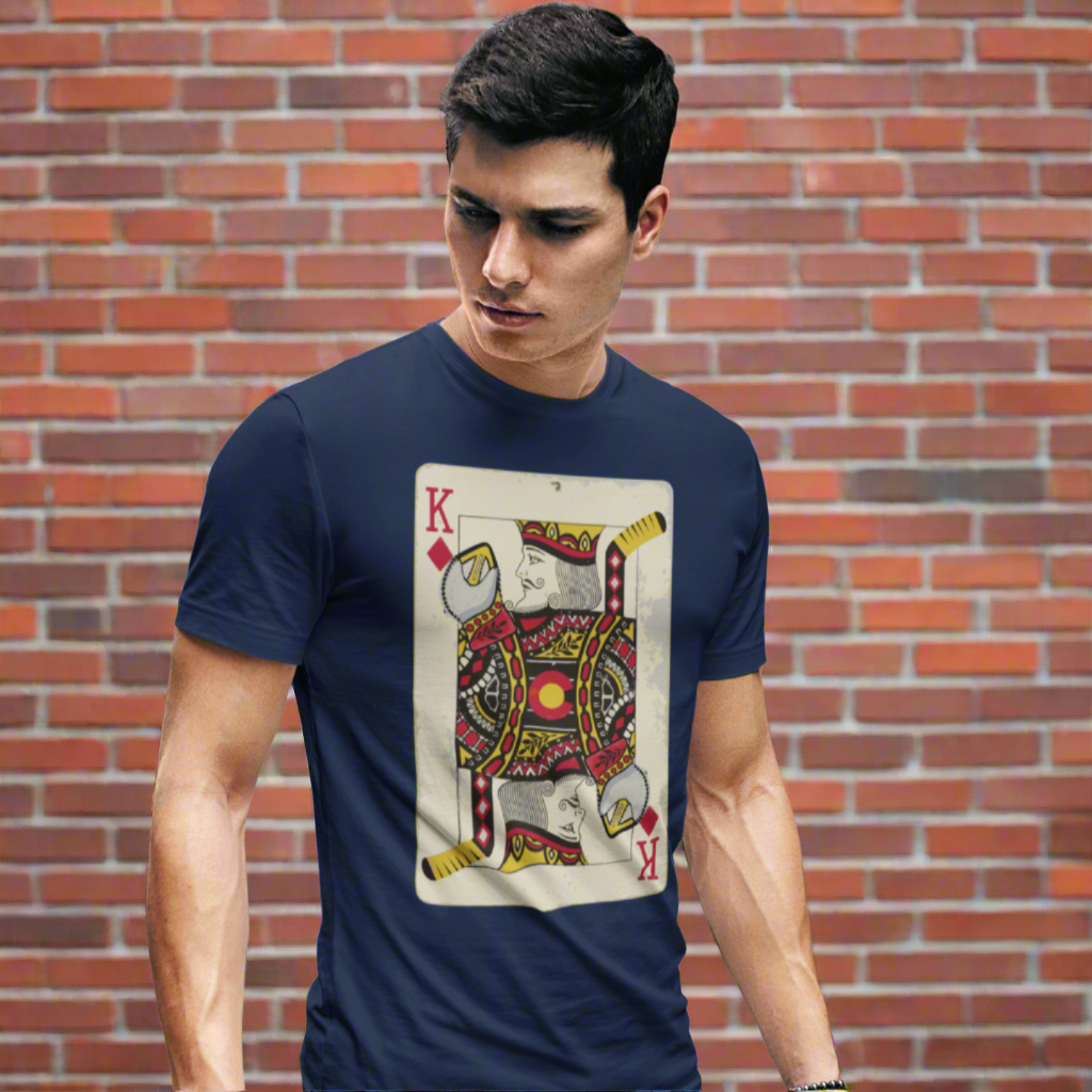 The King of Saves T-shirt, features a rugged King of diamonds reimagined as a goalie