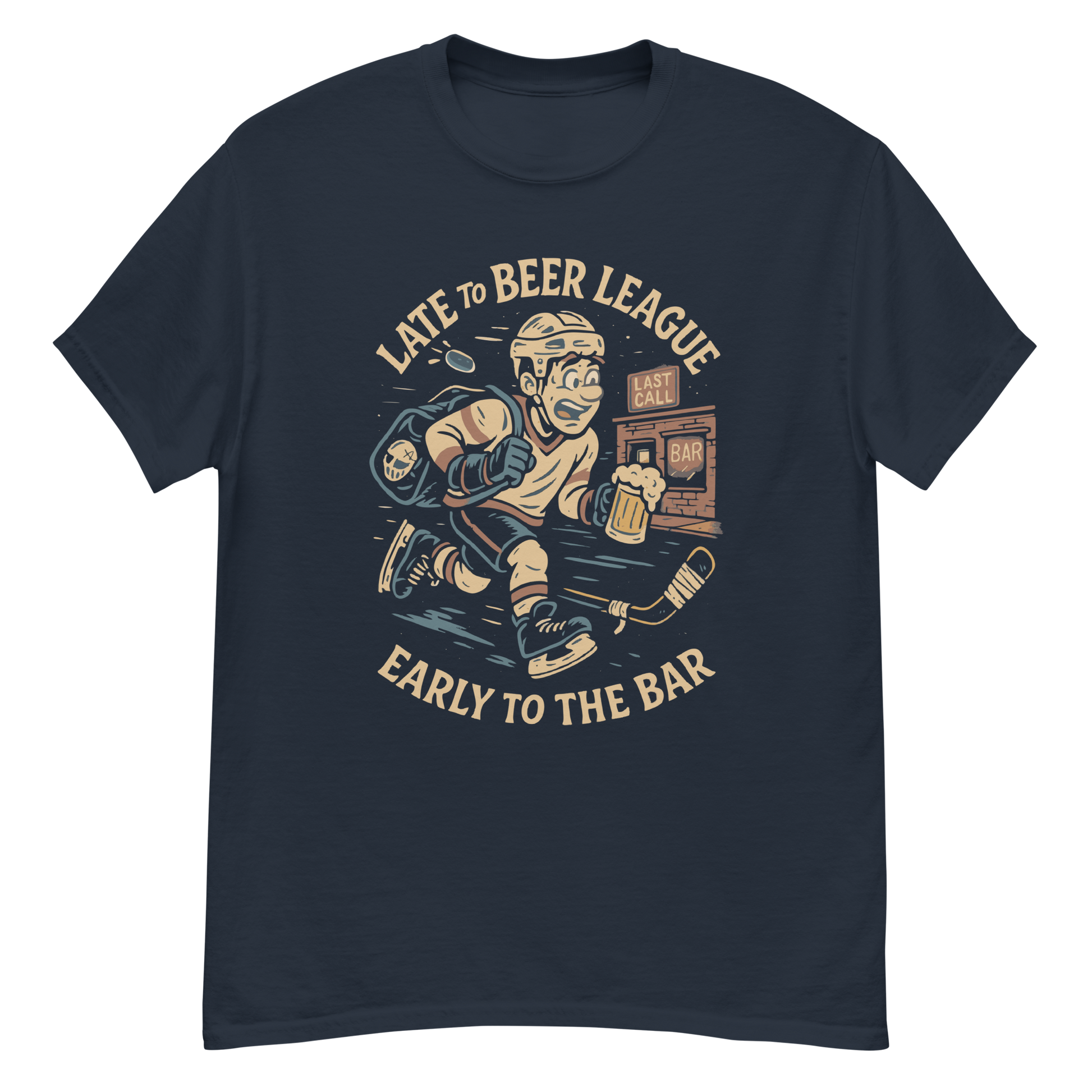 T-shirt with graphic print of a cartoon hockey player and text 'Late to Beer League, Early to the Bar'.