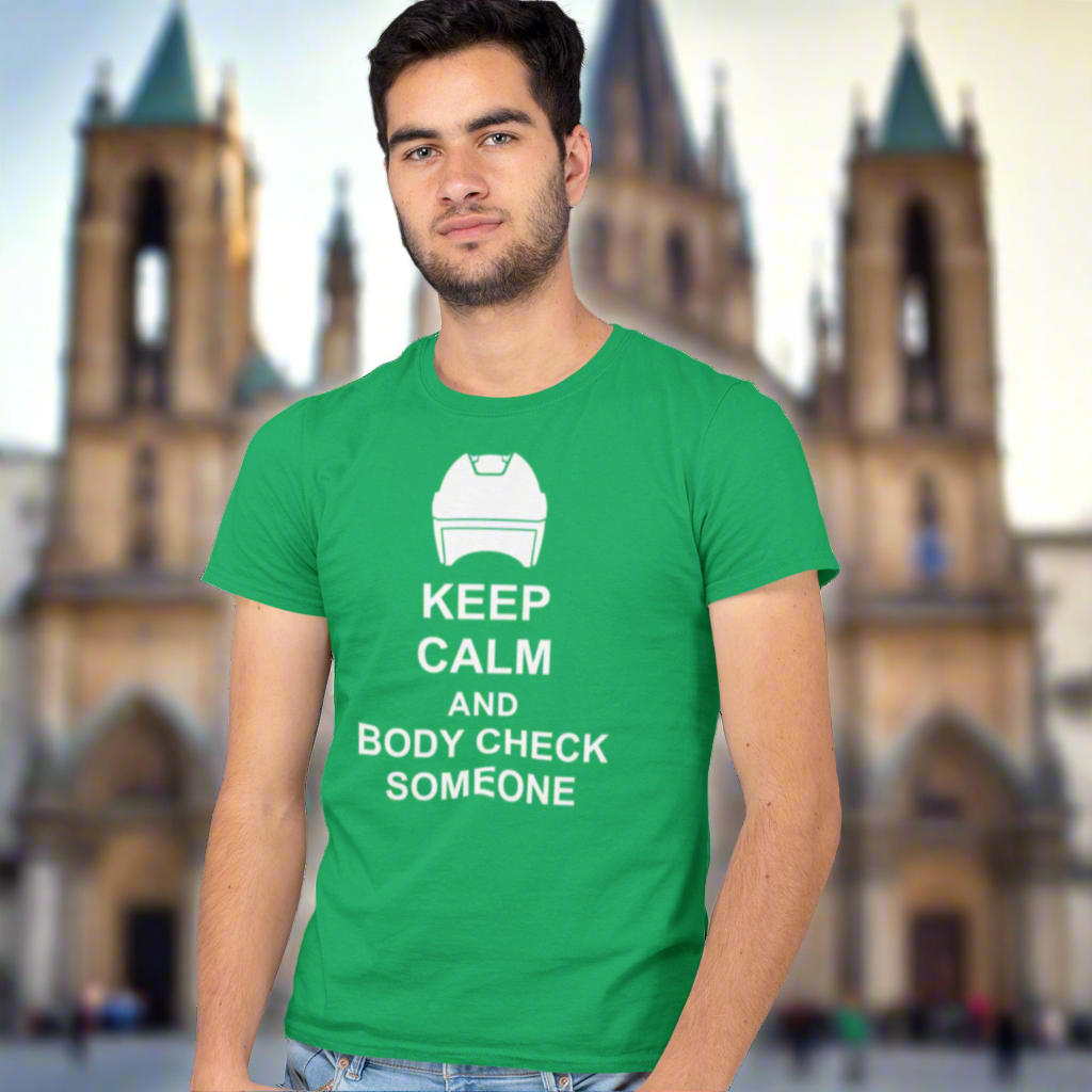 Man wearing a green t-shirt with the text "Keep Calm and body check someone"