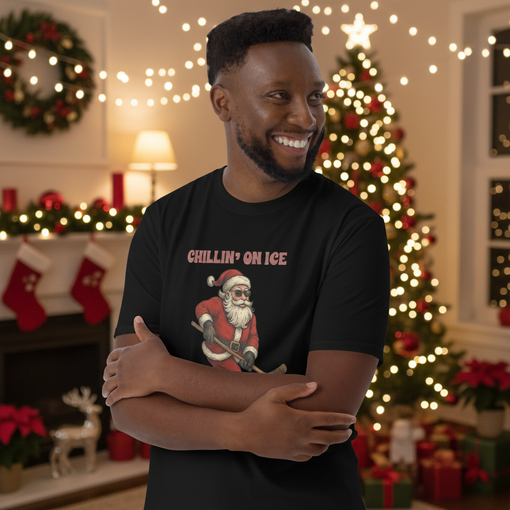 Santa has a great beard, black gloves and a pair of sunglasses. He's pretty darn cool