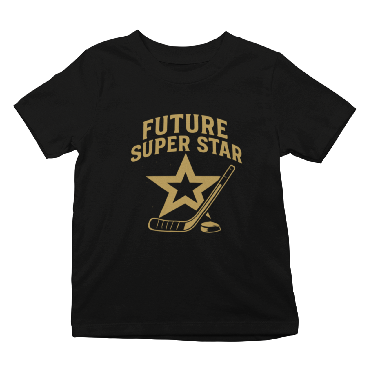 Black t-shirt with 'Future Super Star' text and star graphic on a white background