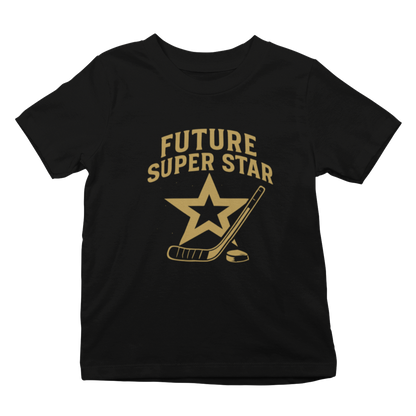 Black t-shirt with 'Future Super Star' text and star graphic on a white background