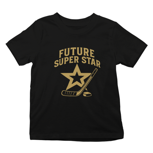 Black t-shirt with 'Future Super Star' text and star graphic on a white background