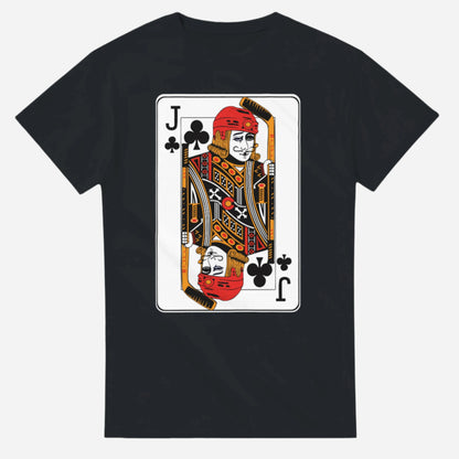Black t-shirt with a Jack of Clubs playing card design on a white background