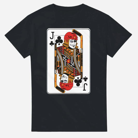Black t-shirt with a Jack of Clubs playing card design on a white background