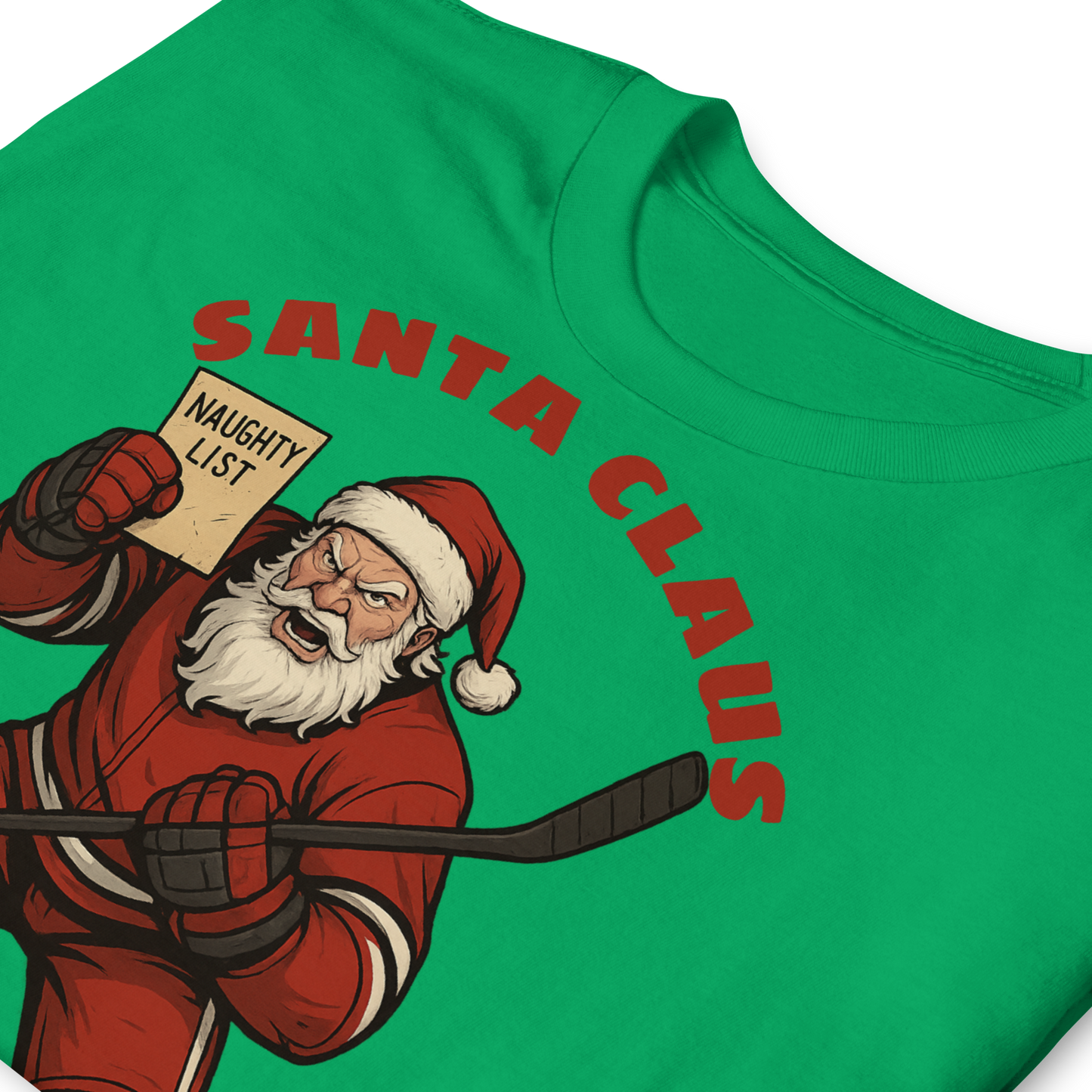 Green t-shirt with a graphic of Santa Claus holding a hockey stick and 'Naughty List' sign, with 'Santa Claus' text.
