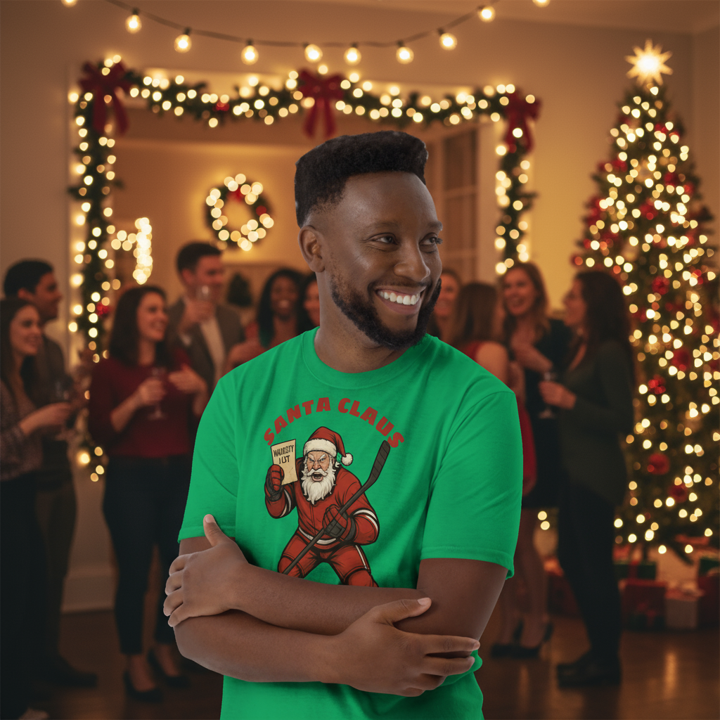 A man at a Christmas party wearing a green festive shirt with the humorous caption, "Santa Claus the Enforcer"