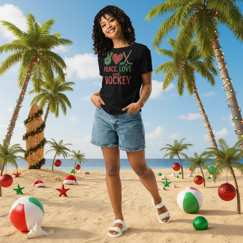 Person wearing a black t-shirt with 'Peace, Love, Hockey' text Holiday design