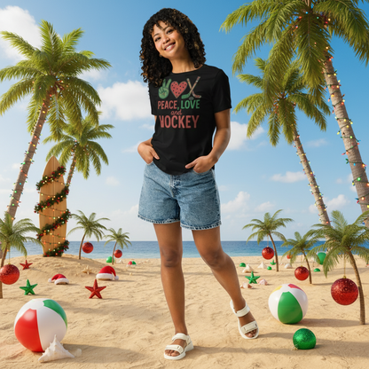 Person wearing a black t-shirt with 'Peace, Love, Hockey' text Holiday design