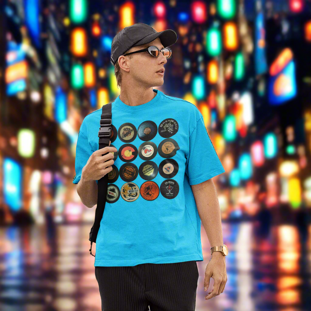 Person wearing the puck luck t-shirt while walking outdoors.