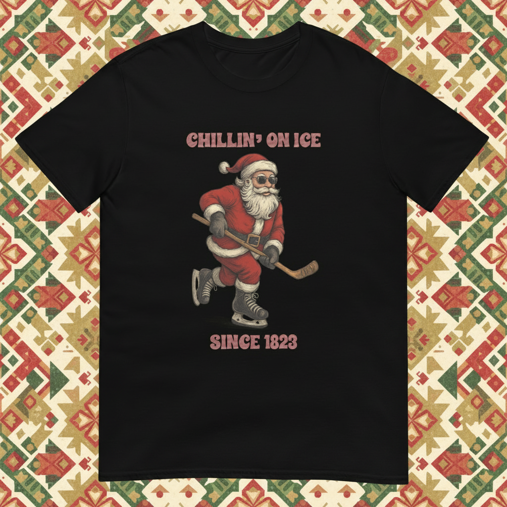 Cool Santa design on a black shirt with sunglasses and a hockey stick