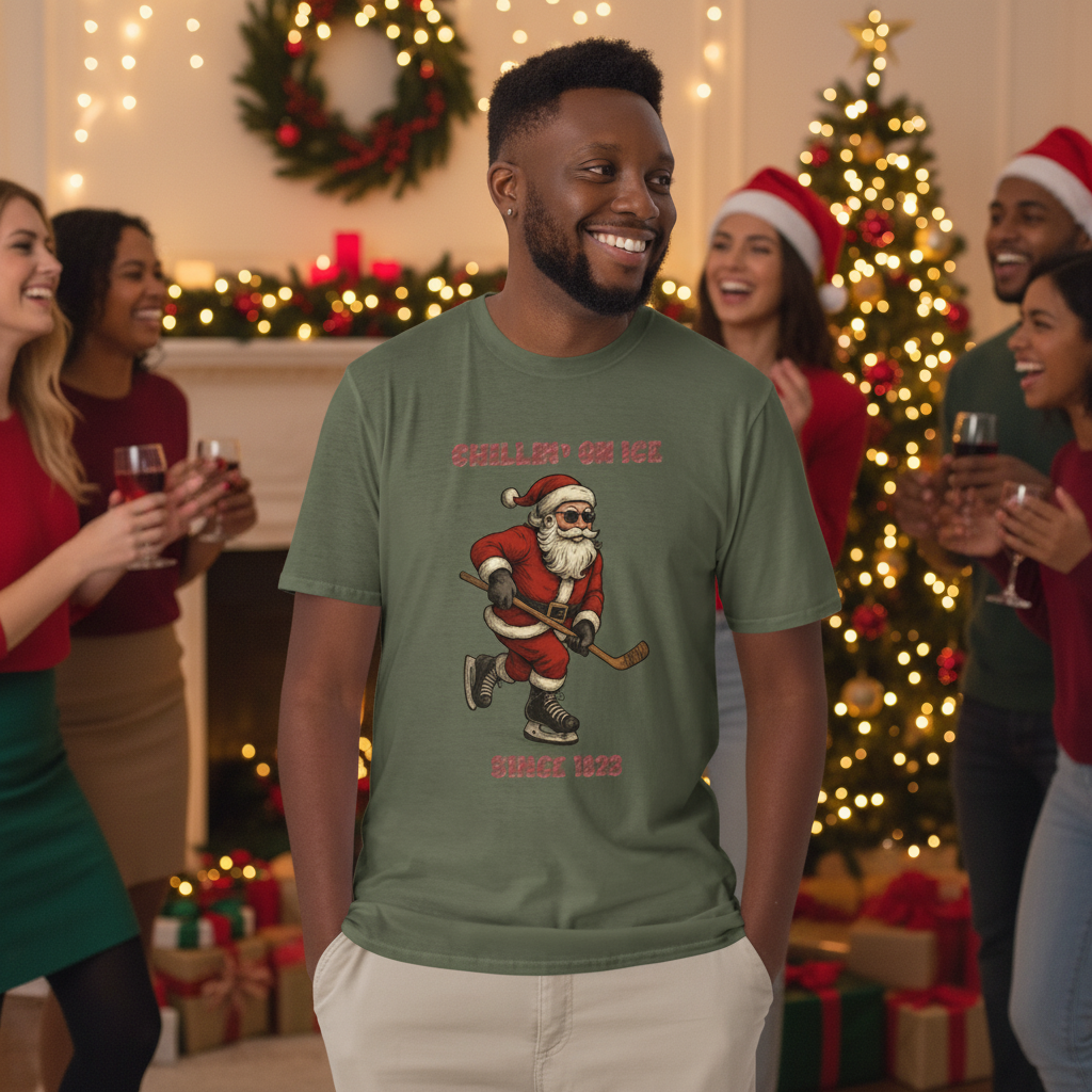 Man wearing a green t-shirt with a graphic of Santa Claus playing hockey on an outdoor hockey rink