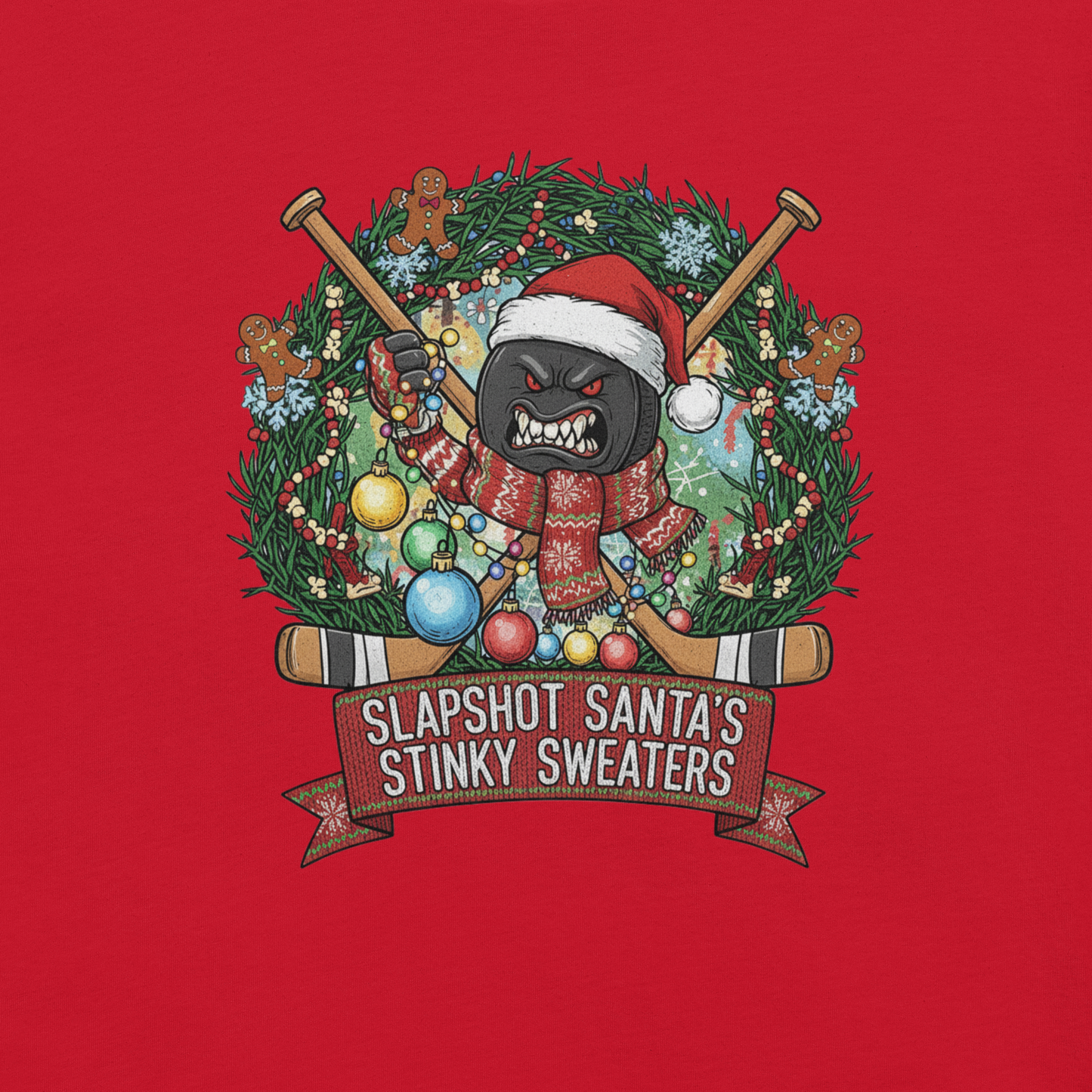 Christmas-themed graphic with a puck in a sweater and Santa hat surrounded by ornaments and wreath on a red background.
