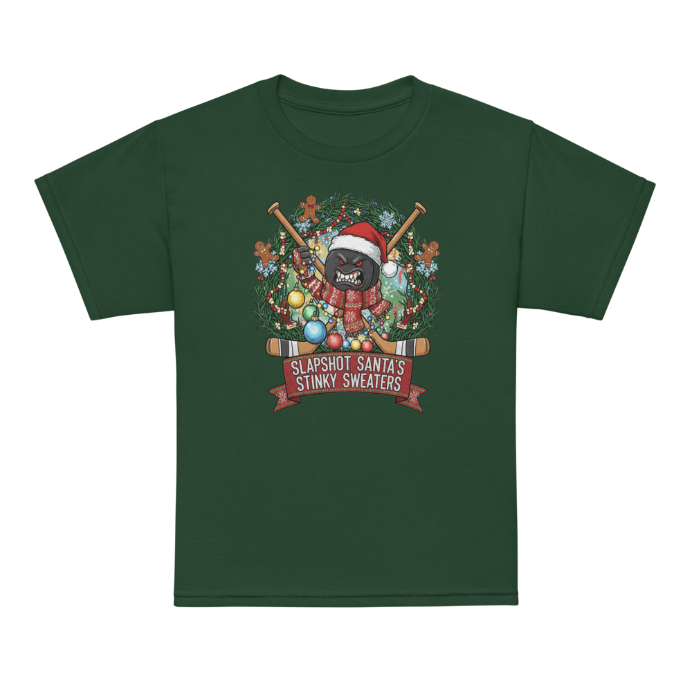 Green t-shirt with a festive graphic of a puck in a Santa hat and sweater, surrounded by Christmas lights and holiday decorations.