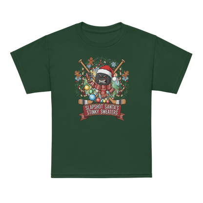 Green t-shirt with a festive graphic of a puck in a Santa hat and sweater, surrounded by Christmas lights and holiday decorations.