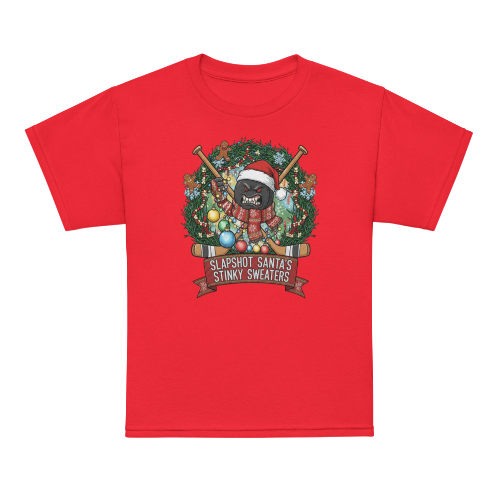 Red Christmas t-shirt with a hockey theme and funny design featuring a decorated wreath with a puck wearing a Santa hat holiday scarf and the caption: Slapshot Santa's Stinky Sweaters.
