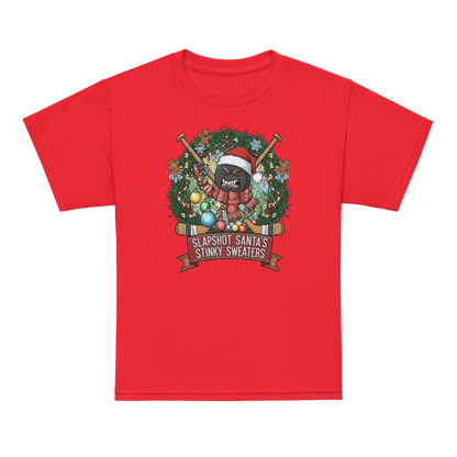 Red Christmas t-shirt with a hockey theme and funny design featuring a decorated wreath with a puck wearing a Santa hat holiday scarf and the caption: Slapshot Santa's Stinky Sweaters.