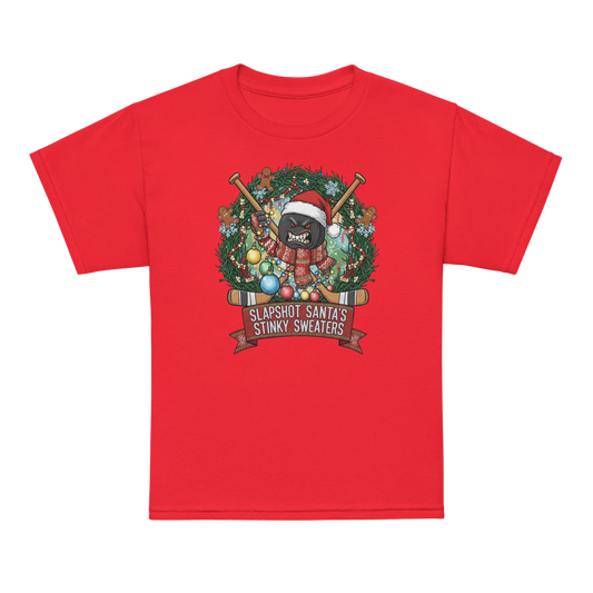 Red Christmas t-shirt with a hockey theme and funny design featuring a decorated wreath with a puck wearing a Santa hat holiday scarf and the caption: Slapshot Santa's Stinky Sweaters.