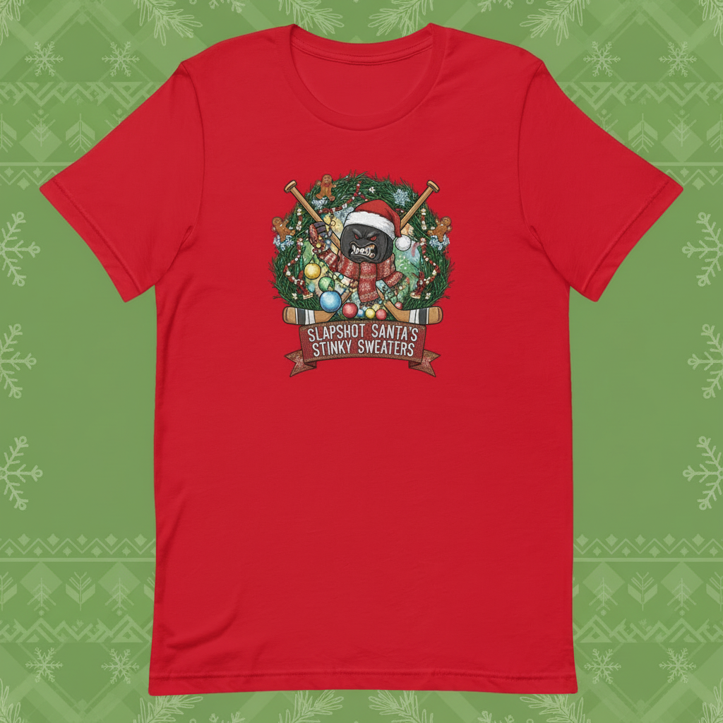Red t-shirt with Christmas-themed graphic and text  featuring an angry puck with raging in a holiday wreath. What a Grinch!