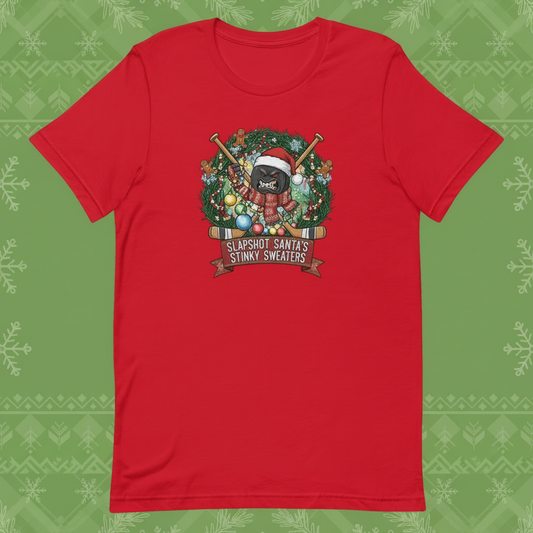 Red t-shirt with Christmas-themed graphic and text  featuring an angry puck with raging in a holiday wreath. What a Grinch!