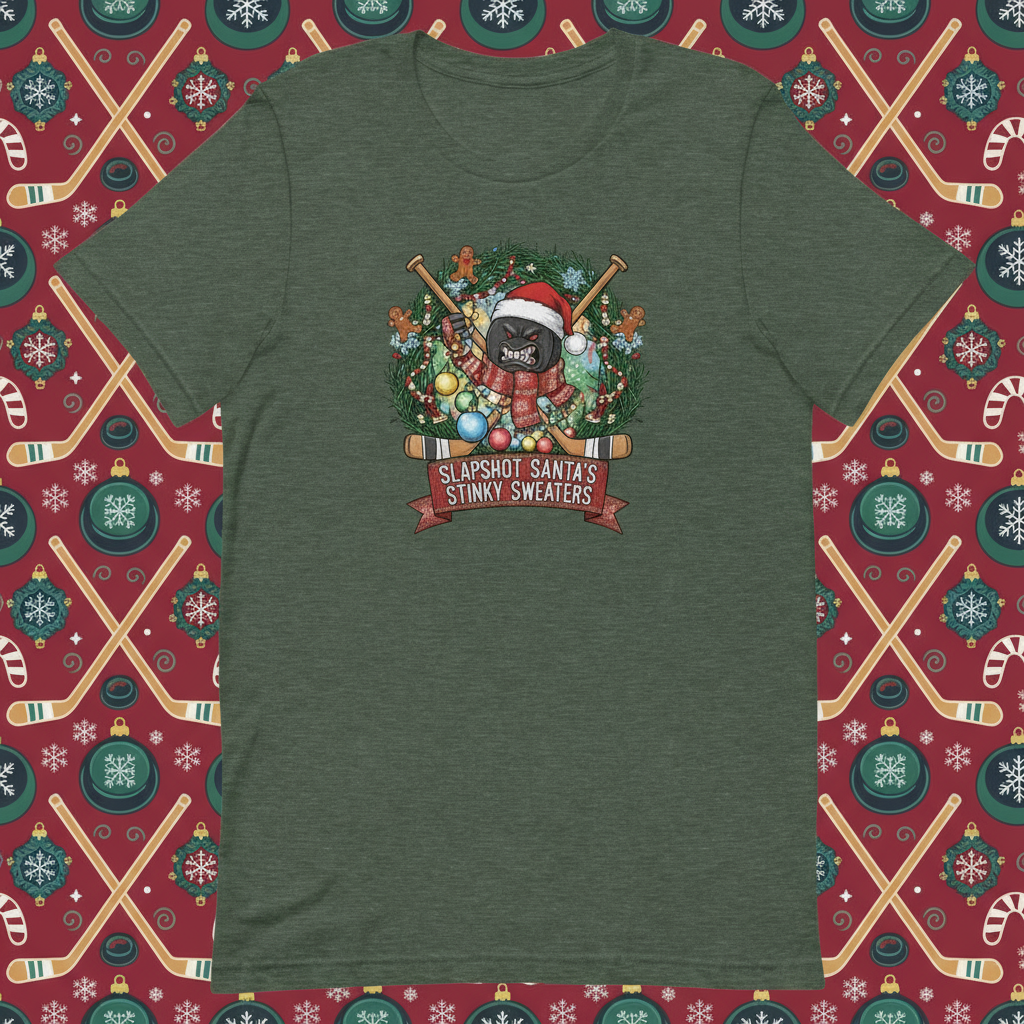Heathered Green t-shirt with Christmas-themed graphic featuring gingerbread men, ornaments and crossed hockey sticks 