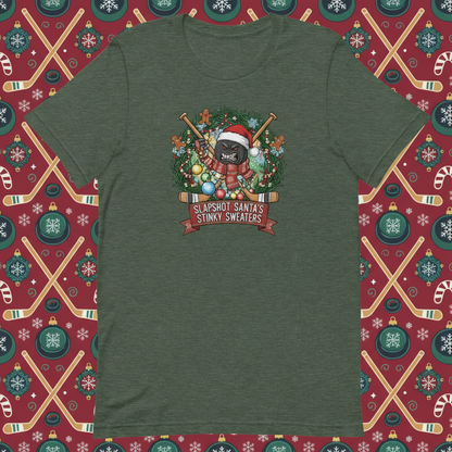 Heathered Green t-shirt with Christmas-themed graphic featuring gingerbread men, ornaments and crossed hockey sticks 