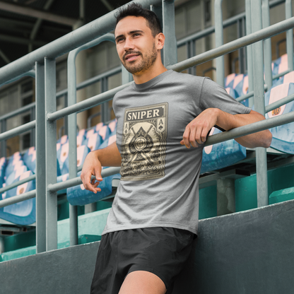 Man wearing the the Sniper T-shirt featuring the Ace of Spades classic look logo